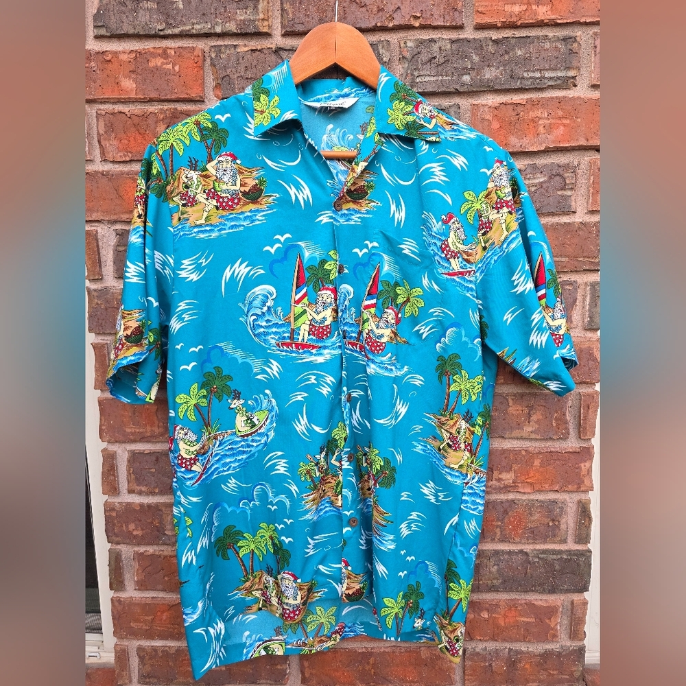 Teal Hawaiian Shirt with Surfing Santa M